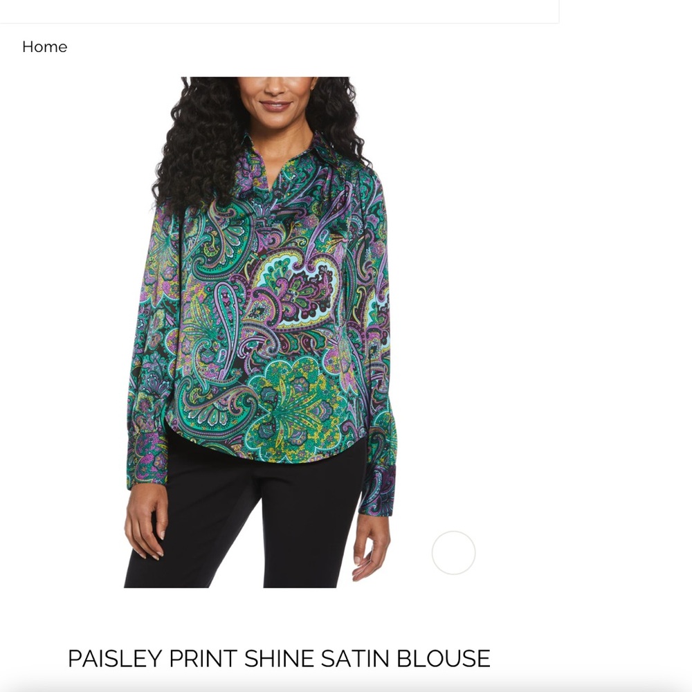 Rafaella Women Long Sleeve PAISLEY PRINT SHINE SATIN BLOUSE  TOP Split Neck Sz M